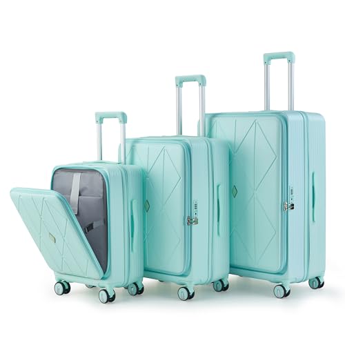 3 Piece Luggage Sets 100% PC Hard Shell Lightweight Suitcase with TSA Lock Spinner Wheels Expandable Carry On Luggage Set with Front Opening, Mint Green (20/24/28)