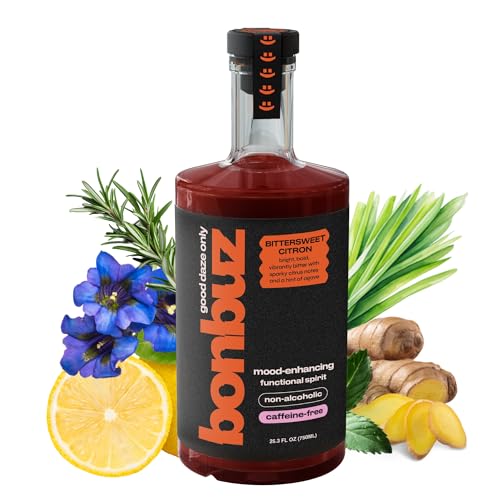 Bonbuz Bittersweet Citron Caffeine-Free - Functional Non-Alcoholic Spirit with Nootropics & Adaptogens - Sugar-Free Mocktail Mixer & Alcohol Replacement Drink - Low-Calorie, Keto, Gluten-Free - 750ml
