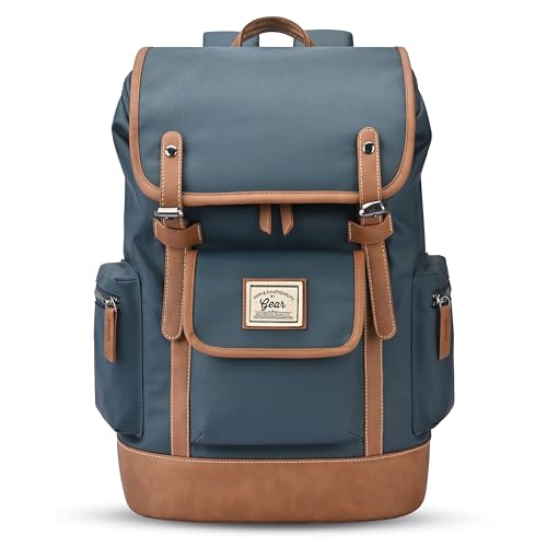 Image of Gear Classic 16.5 inch /21L Medium Water Resistant Faux Leather Anti Theft Knapsack | Laptop Bag | Casual Bag | Travel Bag for Men /Women (Teal - Tan)