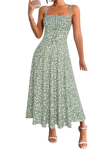 Image of YATHON Women's Summer Midi Corset Boho Dresses Spring Casual Floral Spaghetti Straps Lace Up Dress Flowy Aline Beach Sundress