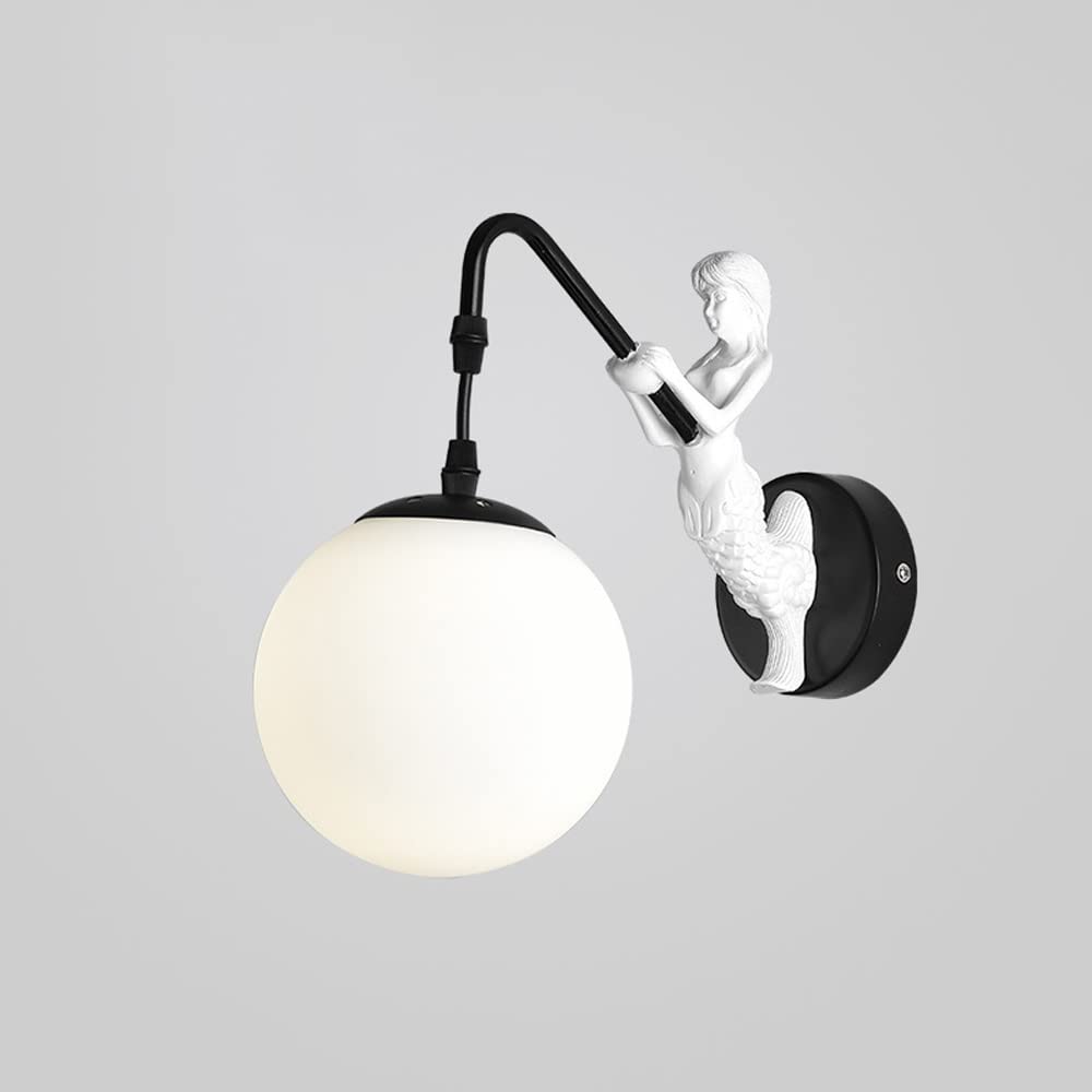 HXYSXHJUO Wall Lamps for Bedroom,Vintage Sconce Mermaid Sculpture Mounted Light Fixture with White Glass Globe Shade, Bathroom Vanity Lights, Decorative Lighting Living Room Restaurant (Black)