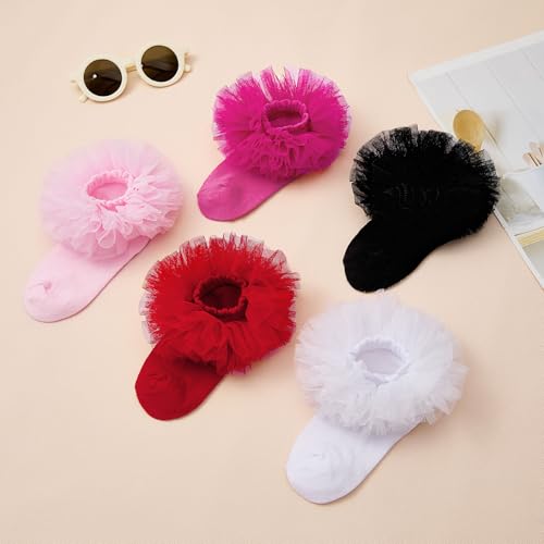 Zando Baby Girls Ruffle Socks, Lace Frilly Trim Seamless Fit Design Toddler Socks for Girls 1-8 Years, 3/5 Pairs3