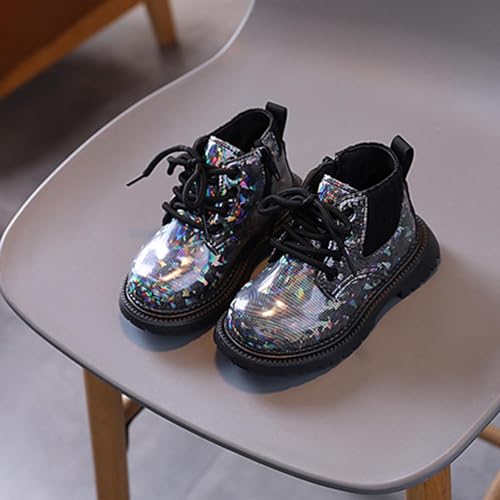 Girls/Boys Ankle Combat Boots with Side Zipper and Lace-Up, Glitter Style, Easy On/Off Sparkly Shoes for 1-6 Years4