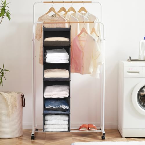 MAX Houser 6 Tier Shelf Hanging Closet Organizer, Closet Hanging Shelf with 2 Sturdy Hooks for Storage, Foldable (Grey)