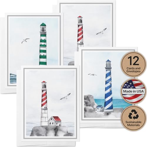 Image of Twigs Paper - 12 Nautical Lighthouse Note Cards - Greeting Cards for All Occasions - 3 Different Design Pack With Envelopes - Personalized Thank You Cards - Made in USA (5.5 x 4.25 inches,Set of 12)