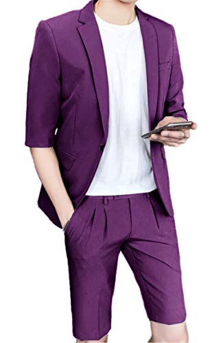 Men Suit 2 Piece Groom Tuxedo with Short Pants Fashion Business Mens Summer Wear Suits Sets Purple