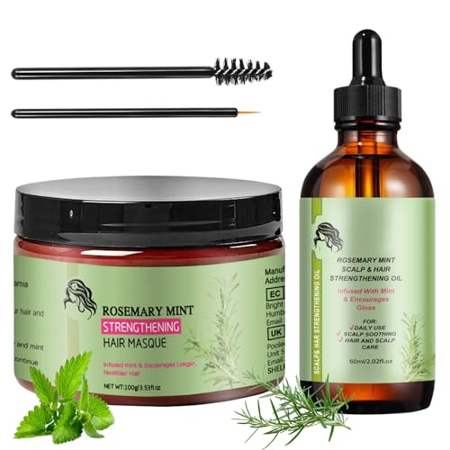 Rosmarinöl Haare, 2 Stk Rosemary Oil for Hair, 100g und 60ml Organics Stärkende Haarmaske, Natürliches Ätherisches Bio-Rosmarinöl für Trockenes Haar, Rosemary Mint Oil, Haarpflegeöl für Kopfhaut