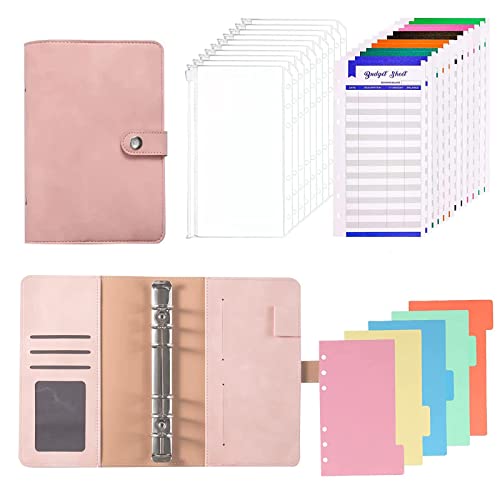 Classeur à anneaux A6, classeur A6 pour ordinateur portable, classeur en cuir PU avec 12 poches zippées transparentes, 12 feuilles budgétaires, séparateur 5 couleurs (Rose) Cover