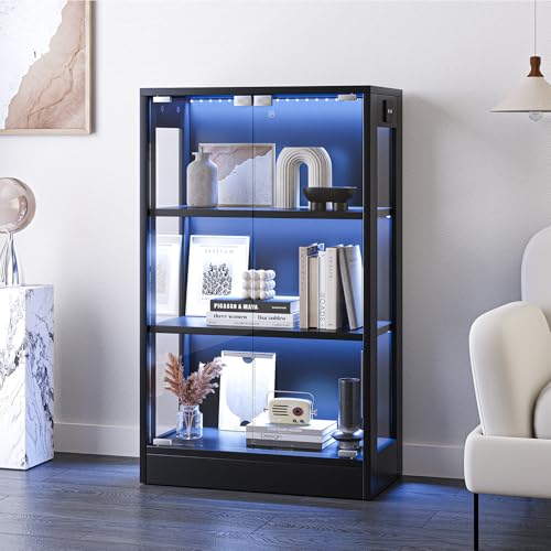 Airynee Display Cabinet with Glass Doors 3-Tier, 7 Vibrant Colors 3 Dynamic Lighting Modes HD Glass...