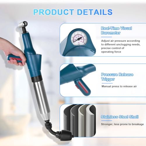 Image of Toilet Plunger Drain Clog Remover Set,High Pressure Drain Unclogger - Air Plunger with Real -Time Barometer,for Toilets, Bathroom Floor, Kitchen Clogged, Drain Sinks and Plumbing Clogs