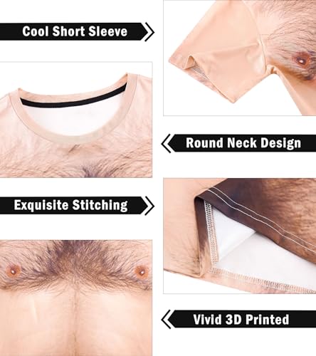 Fanient Mens Funny T-Shirt, 3D Hairy Chest Print, Novelty Crewneck Tee - image 7