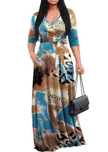 Image of FANDEE Plus Size Maxi Dress for Women Casual Summer Sundress V-Neck 3 /4 Sleeve
