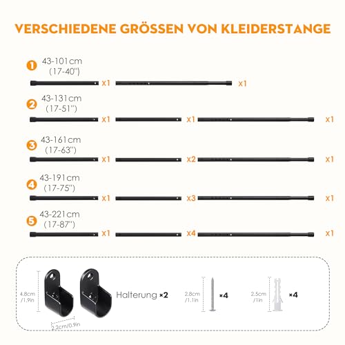 Kleiderstange für Schrank, Schwarz Oval, 25mm Garderobenstange Wand Ausziehbar mit 2 Halterung, für Kleiderschrank, Fenster,43-101cm
