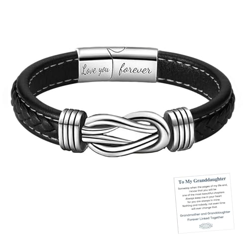 Grandmother and Granddaughter Forever Linked Together Braided Leather Bracelet, To My Granddaughter Infinity Knot Leather Bracelet Stainless Steel Engraved Jewelry for Birthday Christmas