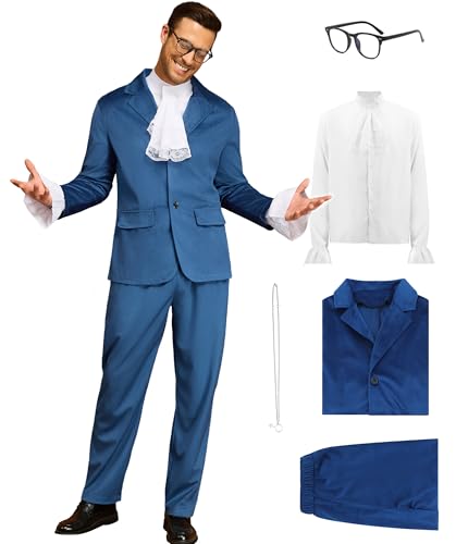 JQAKFIY Austin Power Costume Men 80s 90s Pimp Costumes Halloween Spy 60s Outfit Blue Or Purple Swinger Suit With Glasses 2XL
