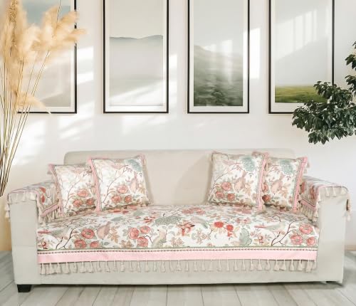 Image of ishro home Premium Sofa Cover 2 Seater Protecter with 2 Handle Covers - Soft European Standard Fabric, Frill Design, Machine Washable | (Gul-o-Parinday, 2 Seater, Seat Cover)