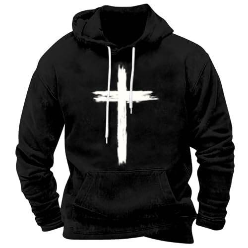 Christian Hoodie For Men Pullover Hooded Sweatshirt Long Sleeve Gothic Shirt Y2K Casual Pullover Fall Winter Hoody Top Cross Sweatshirt Clothes With Pockets Oversized Sportswear Jumper Tee Black