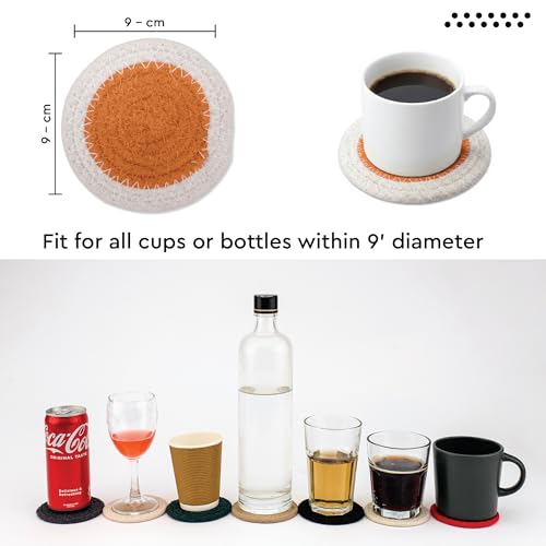 Image of Encasa XO Drink Coasters Set of 6 | Coral & Off White with Round (9 cm) | Handcrafted Ribbed Cotton | Absorbent & Heat-Resistant | Use for Tea, Coffee Table & Desk