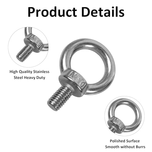 Image of 6PCS M10 Male Thread Eye Bolts, Stainless Steel Lifting Shoulder Eye Bolt, Heavy Duty Screw Ring Shaped Eye Bolt
