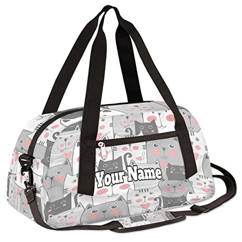 Custom Your Name Lovely Grey Cats Heart Personalized Text Gym Duffle Bag for Kids,Sports Bag for Teens Boys & Girls Small Waterproof Overnight Weekender Carry Practice Travel Bag3