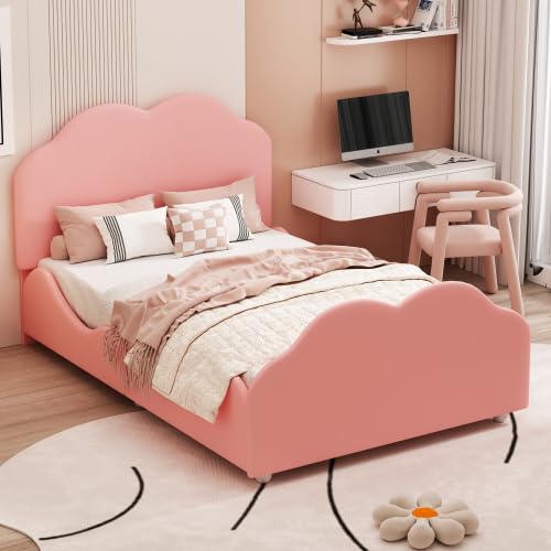 Merax Lit pour enfant fille 90 x 200 cm avec rampe haute, lit rembourré pour enfant en velours avec tête et pied de lit en forme de nuage, lit simple pour chambre d'enfant