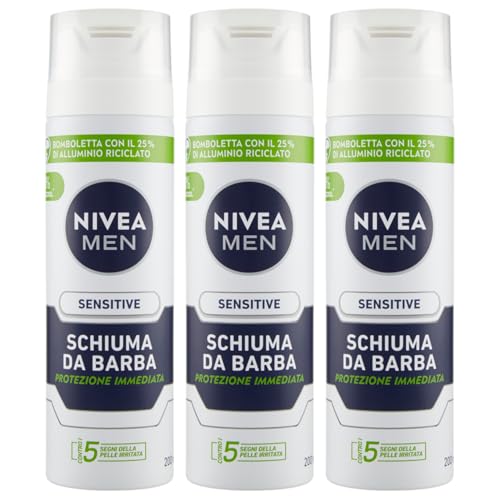 Schiuma Da Barba SENSITIVE, Protezione Immediata Contro i 5 Segni Della Pelle Irritata: 1.Bruciore - 2.Arrossamento - 3.Secchezza - 4.Pelle Che Tira - 5.Micro-Tagli 200ml (3 Unità)