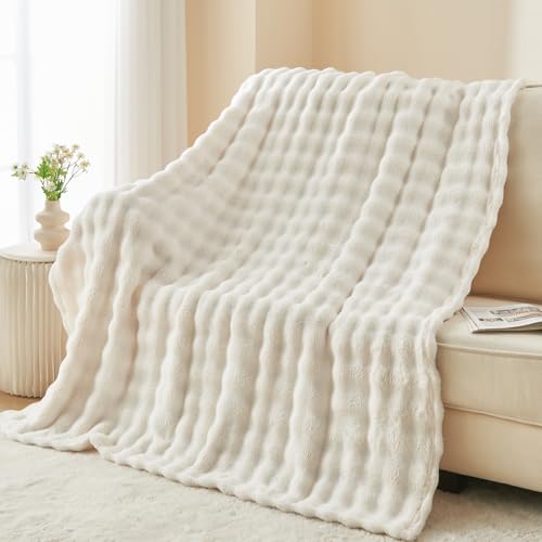 NEWCOSPLAY Throw Blanket for Couch Ivory Super Soft Flannel Fleece 3D Bubble Lightweight Bed Blanket All Season Use (Ivory, Throw(50"x60")) - Image 3