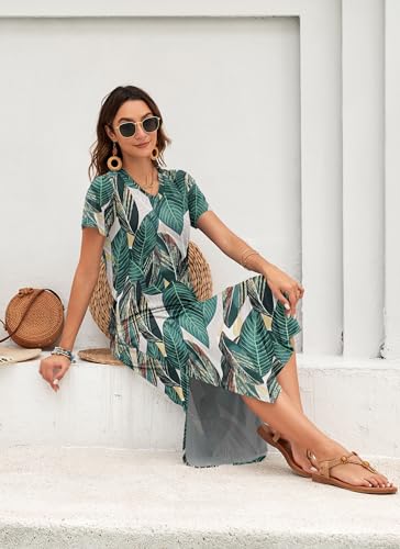 Image of MISFAY Womens Maxi Dress Short Sleeve V Neck Loose with Pockets | Soft stretchy breathable, v neck loose fit, side split hem, two side pockets, casual daily beach vacation travel dress
