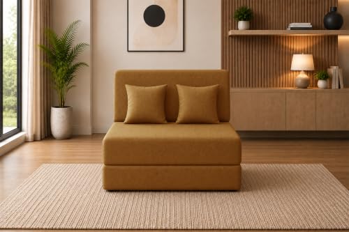 Image of Sofa Cum Bed with Jute Fabric, Convertible One Seater Sofa Bed 3x6 Ft, Comfortable Cushioned Seating, Space Saving Design for Living Room, Bedroom & Guest Room - Golden Color