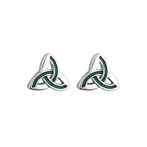 Biddy Murphy, Genuine Irish Trinity Knot Earrings for Women, Silver Rhodium Plating with Green Enamel, Classic Celtic Jewelry, Made in Ireland, Stud Post, 3/8