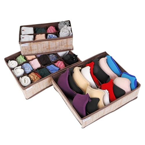 Image of HOKIPO Fabric Undergarment Clothing Organizer Storage Box for Drawers Bra Panty Socks Tie Lingerie Organizer for Wardrobe, 3 Pcs-8+8+18 Grids (NEW-333 + 334 + 335), Brown
