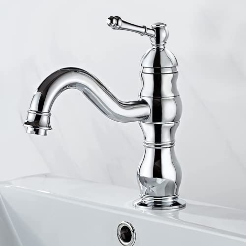 kisimixer Grifo Lavabo Retro, Puede Girar 360 ° Grifo Monomando Lavabo con Cartucho Cerámico, Solo Agujero Grifo de Lavabo Baño Antiguo de Latón con Aireador, Agua Fria y Caliente Disponible, Cromado