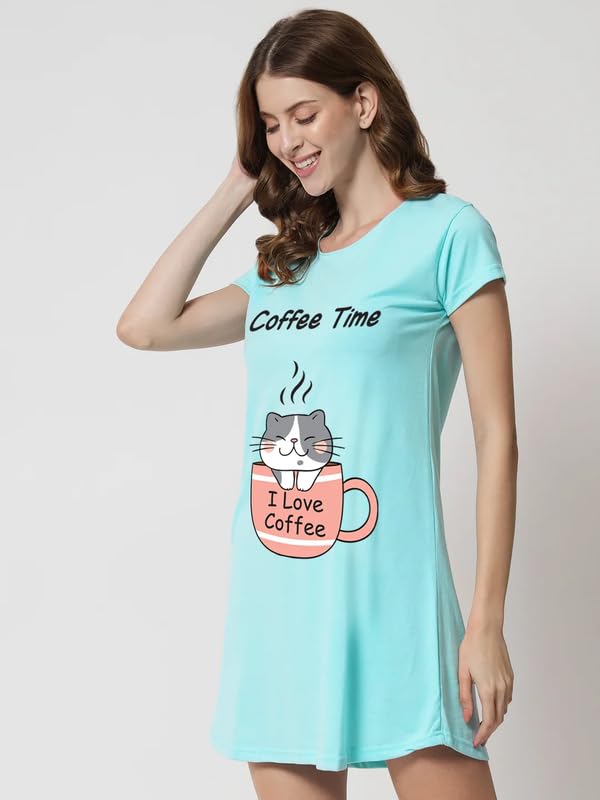 Image of Fflirtygo Women's Cotton Nighty | Printed Knee Length Night Gown |Relaxed Fit Nightwear |Short Nightdress| Long T-Shirt | Sleepwear & Casual Wear Nighty (Pack of 2)
