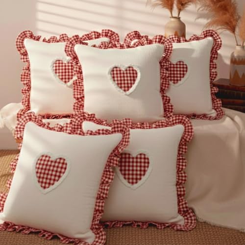 Image of Sleepy Threads Cotton Cushion Cover 16 Inches x 16 Inches, Checkered Frilled Border with Cute Red Heart Decorative and Soft Sofa Cushion Cover for Living Room, Bedroom, Couch and Home Decor