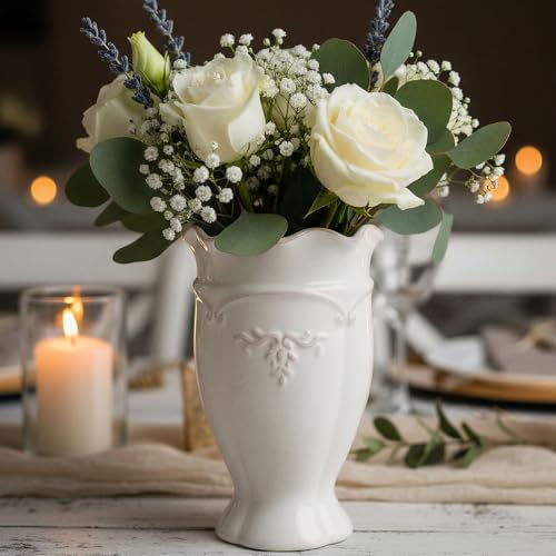 hjn White Ceramic Vase- French Flower Vase for Decor Small Vintage Vases for Flowers/Home Decoration/Kitchen/Table/Living Room/Shelf/Mantel/Office-Height-6.8'