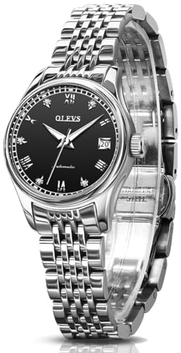 OLEVS Watches for Women Automatic Women Watches No Battery Black Silver Waterproof Womens Watch Self Winding Mechanical Women's Wrist Watches, Reloj para Mujer