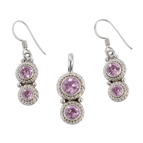 Juego de joyas de cuarzo rosa plata de ley colgante de 10mm y pendientes de 9mm para mujer