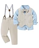 Amissz Kinder Anzug Set Junge, Kinderanzug Hochzeit Festliche Kindermode Jungen Anzüge Langarm Hemd + Hosenträger + Weste + Fliege Taufbekleidung für Baby-Jungen (Khaki, 4-5 Jahre)