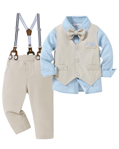 nilikastta Apricot Boys Outfit Toddler Tuxedo Baby Suits For Boys Toddler Suspenders Baby Boy Church Outfit Baby Suspenders Outfit for Religious Service 6-7years