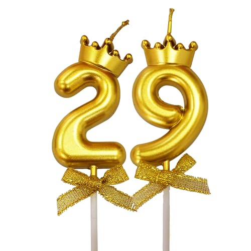 Image of 2 Pc 29 Number Candle for Birthday Cake Metallic Gold Number Candle with Crown on Top for Anniversary Cake Topper 29th Birthday Cake Decoration (Pack of 2, Gold).