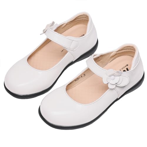 Girls Black School Uniform Dress Shoes Round-Toe Flower Ankle-Strap Shiny Mary Jane Ballet Flats(Toddler/Little/Big Kid)2