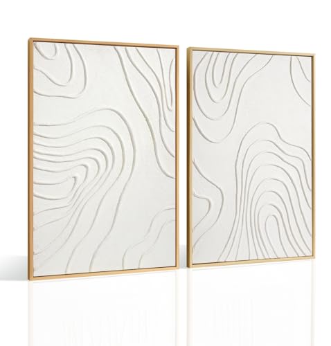 InSimSea Framed 3D Textured Wall Art, Handmade, Minimalist Abstract Wall Decor for Living Room, 2 Piece Modern White Neutral Artwork, 16x24 in, Large Wave Line Paintings for Office Hallway(Calm)