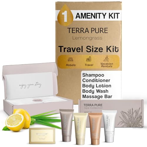 Terra Pure Spa Collection Amenity Kit | Hotel Bulk Toiletries | 0.85 oz Shampoo, Conditioner, Lotion, Body Wash, Massage Bar for Guest Hospitality Vacation Rentals | 1 Set/Case