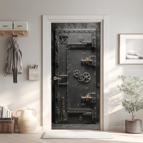 Engrenage Poster de Porte 3D Trompe L'oeil 73x205 cm, Métal Auto-Adhésif Sticker Porte pour Chambre Cuisine, Industriel Stickers Autocollants de Porte