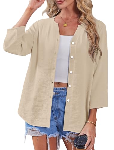 Image of OFEEFAN Button Down Shirts for Women 3 /4 Length Sleeve Tops V Neck Blouses Business Casual Outfits Loose Fit