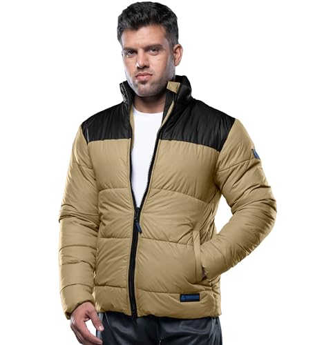 Image of URBAN BUCK Mens Puffer Jacket Midweight Long Sleeve Henry Beige Windproof Winter Recycled Down Water Repellent Climbing Men Coat (XL)