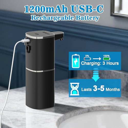 Seifenspender Automatisch Wandbefestigung 400ml Elektrischer Schaumseifenspender mit Sensor, 9-Stufig Einstellbar, Display, USB Wiederaufladbarer Automatic Soap Dispenser für Bad Küche Büro, Schwarz 3