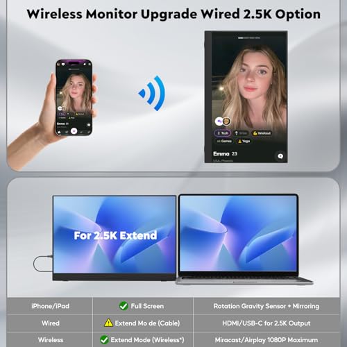 Image of 16 inch 2.5K Wireless Portable Monitor with Battery 8000mAh, 500 Nits HDR Display, 125% sRGB, USB-C / Mini HDMI External Travel Monitor, Auto Rotation, VESA Compatible for MacBook, iPhone, iPad, Windows