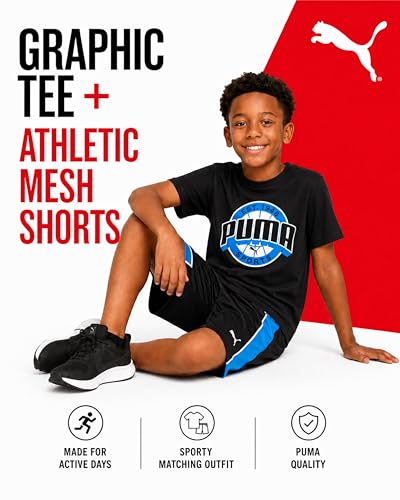 Image of PUMA Boys Short Set - 2 Piece Short Sleeve Crewneck Performance Graphic Tees and Athletic Mesh Shorts for Boys (Sizes: 4-16)