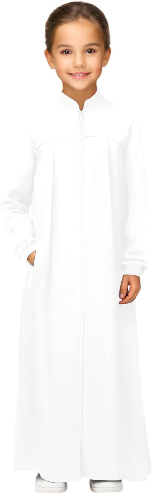 Girls Abaya Muslim Dress with Front Zipper 2 Pockets Dress Long Sleeve Solid Islamic Prayer Clothes for Kids